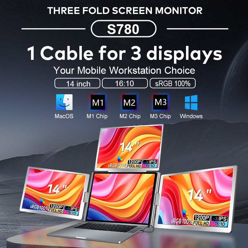 Top Flip 180° Trifold 360° Rotation 3 Display LCD Monitor 14 Inch Placed on the Desk Compatible With 12-17'' M1,M2,M3 Mac